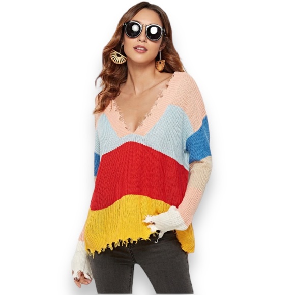 Zara Sweaters - Boutique Frayed Hem Color Blocked Multicolored V Neck Oversized Knit Sweater